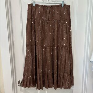 J. Jill Women’s Brown Cotton Tiered Maxi Skirt with Sequin Embellishments Size M